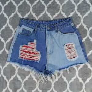 Denim Cutoff Patchwork Shorts Women 26 Small Bandana Cowgirl High Rise Festival